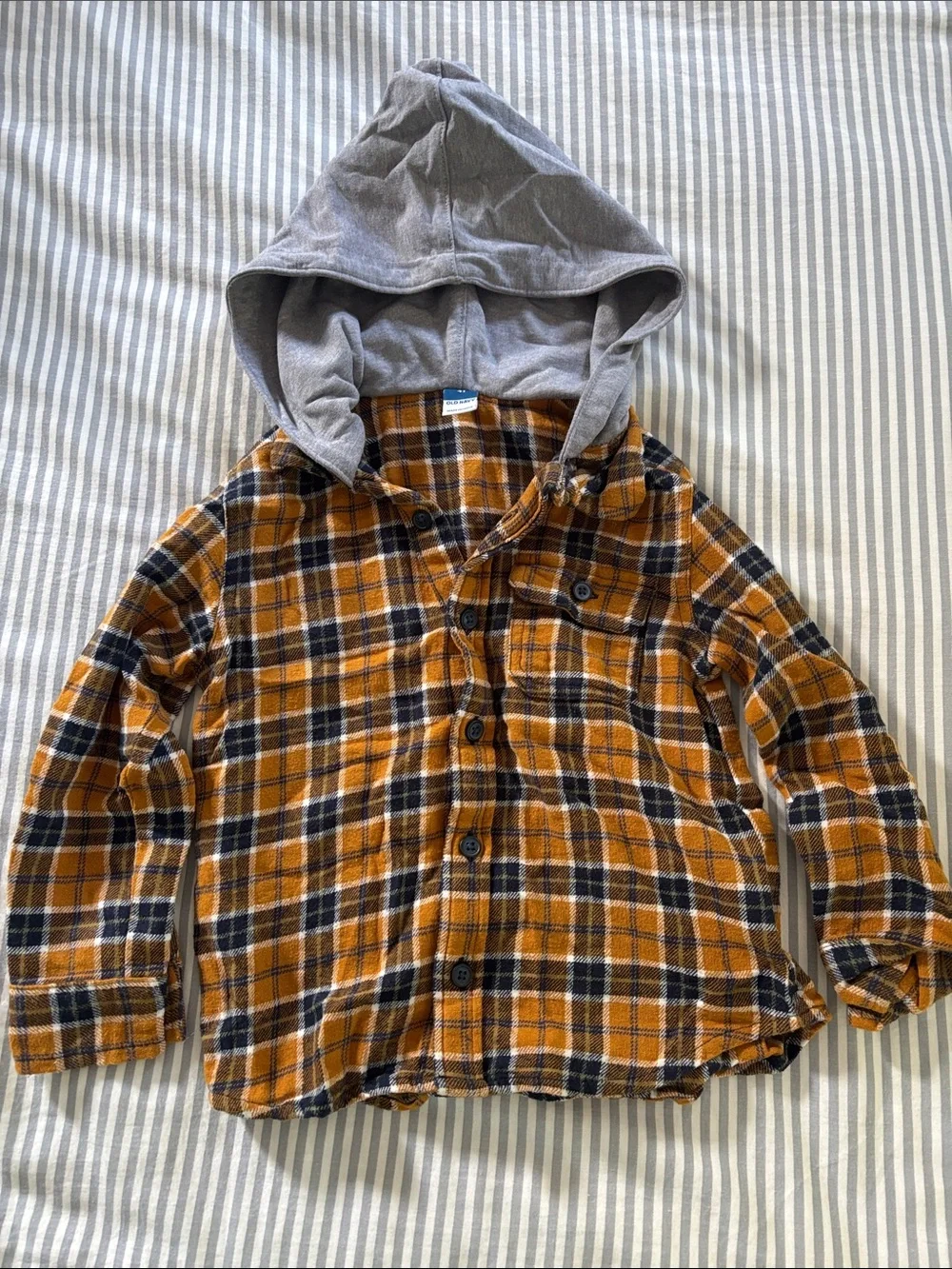 Old Navy Mustard and Navy Plaid Hooded Button-Down Shirt